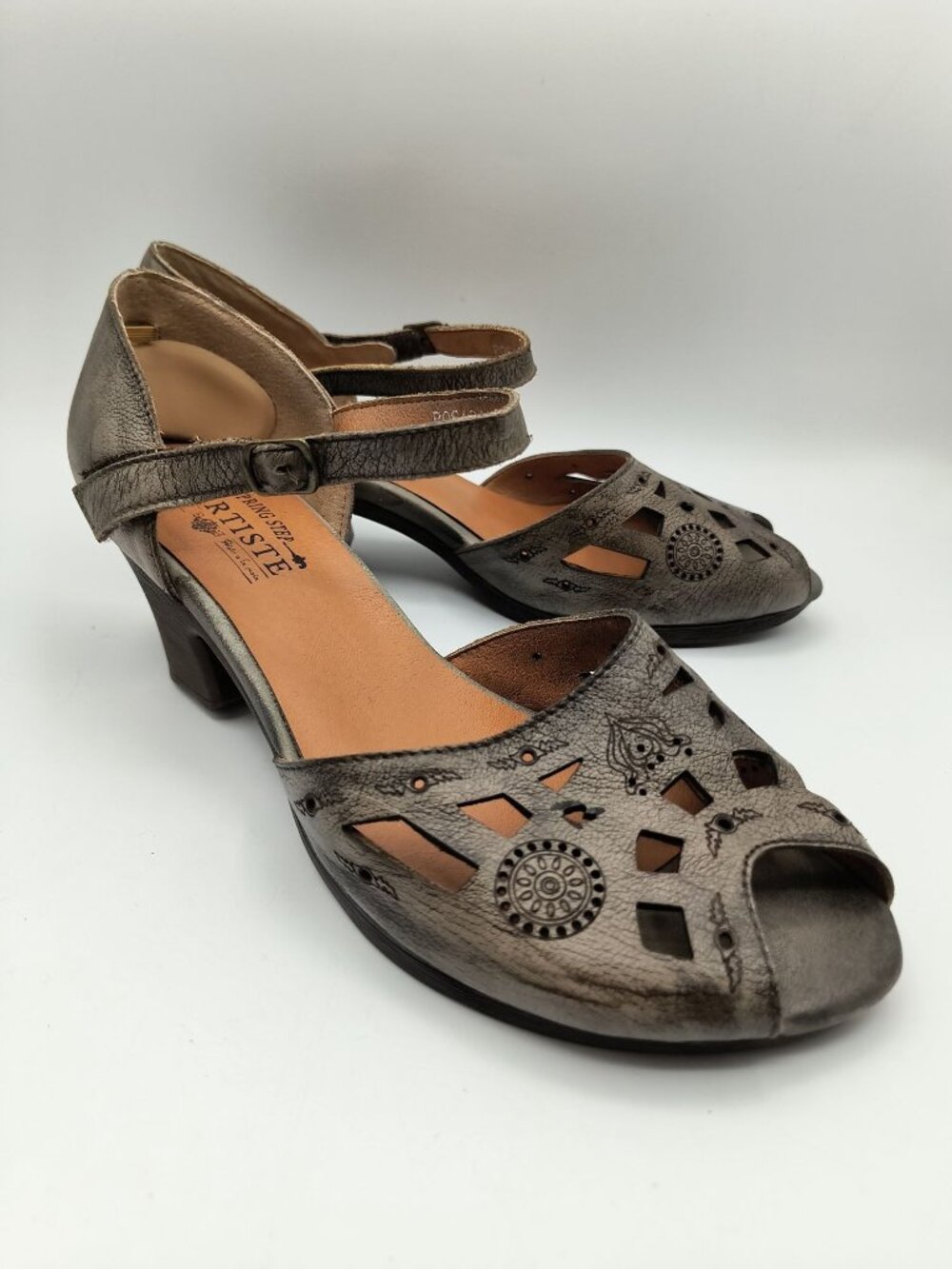 Spring Step LArtiste Womens Genuine Leather Peep-Toe Heels Sandals Size 41 Gray